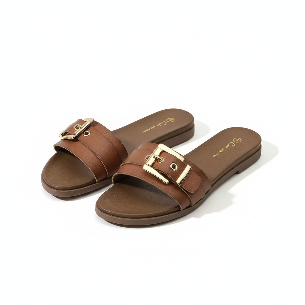 Ladies Gold Buckle Flat Sandal