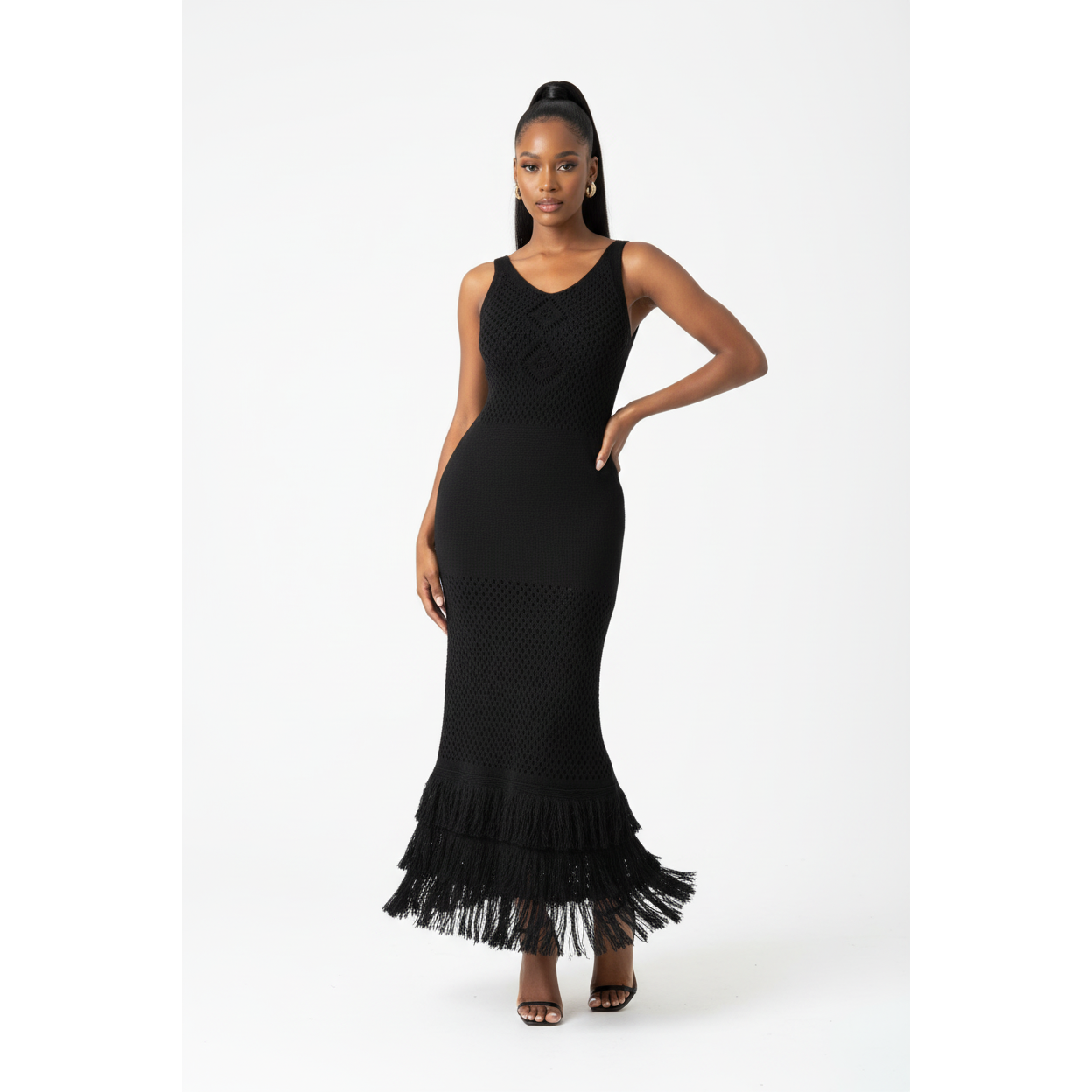 Sleeveless Knitted Tassel Hem Semi Sheer Midi Dress