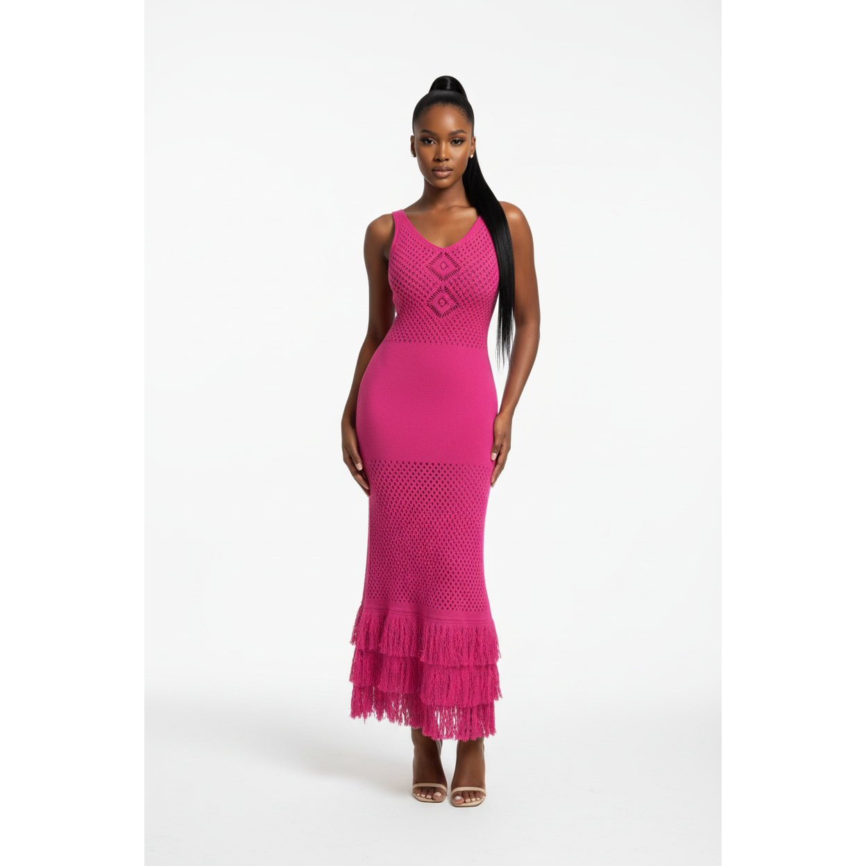 Sleeveless Knitted Tassel Hem Semi Sheer Midi Dress – YELLOW SUB