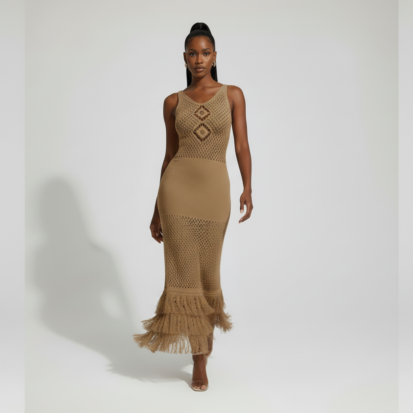 Sleeveless Knitted Tassel Hem Semi Sheer Midi Dress