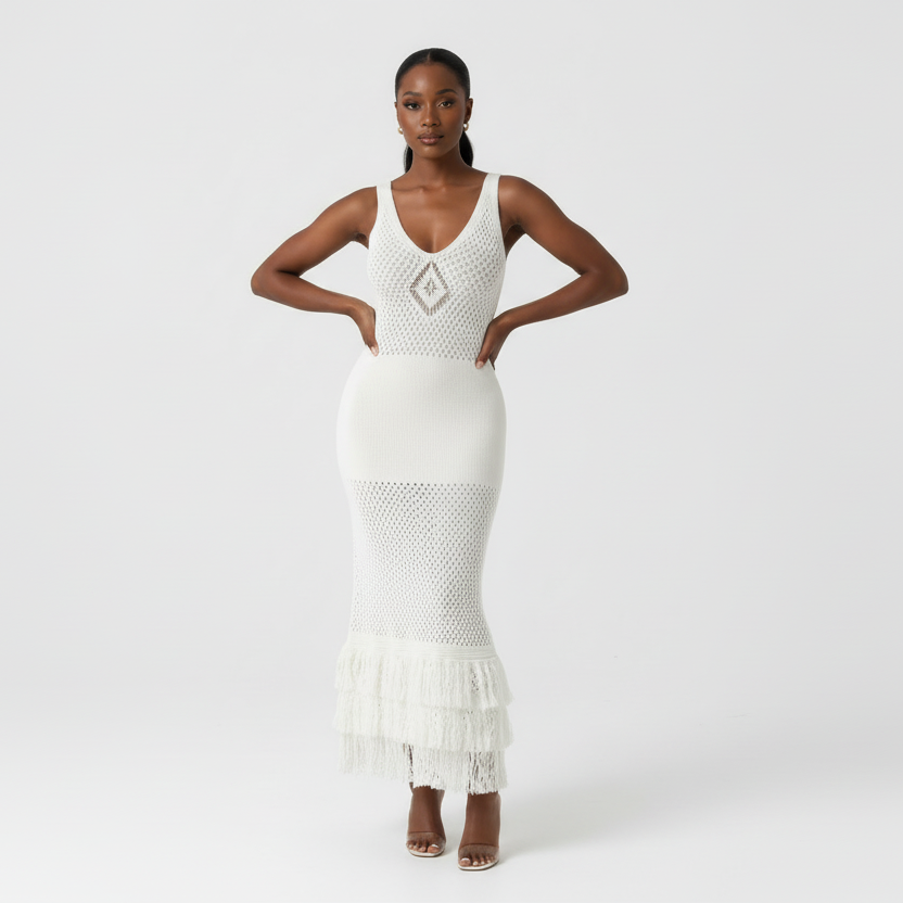 Sleeveless Knitted Tassel Hem Semi Sheer Midi Dress – YELLOW SUB