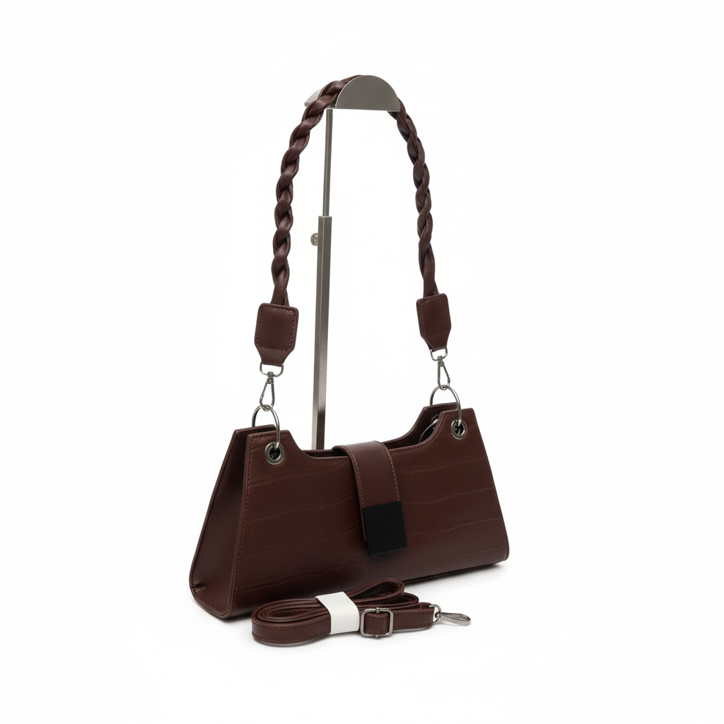 Croc-Patterned Leather Braided Shoulder Bag