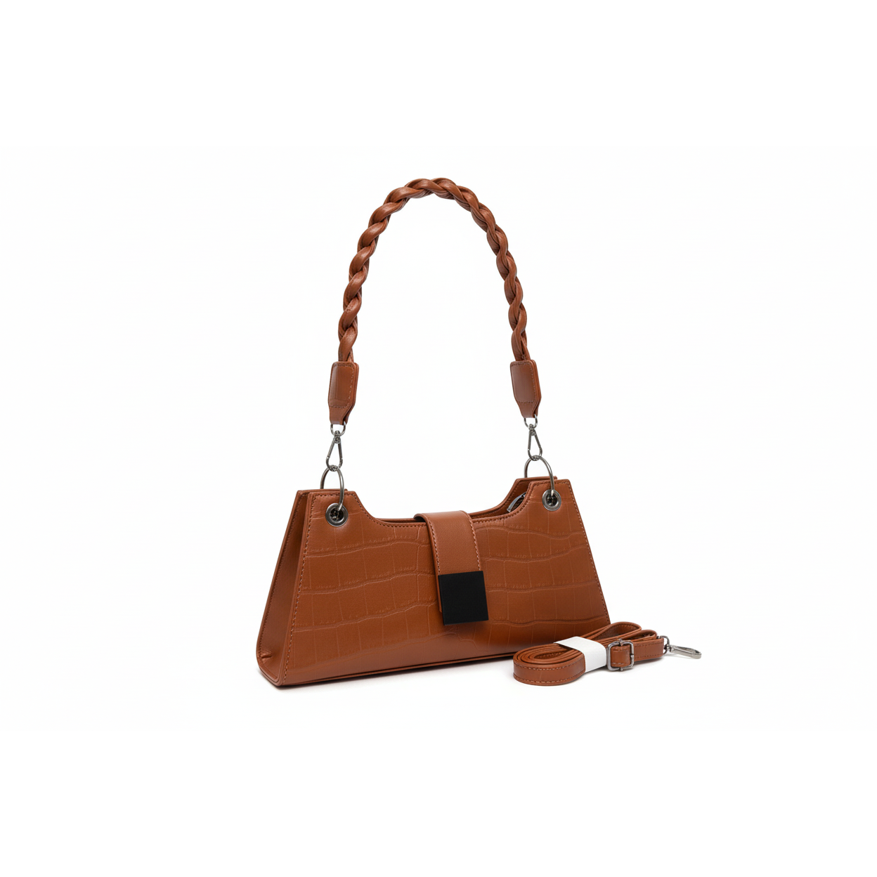 Croc-Patterned Leather Braided Shoulder Bag