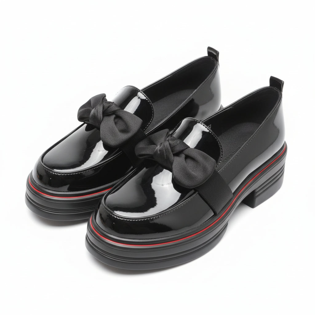 Red Stripe Bow Patent Chunky Loafers