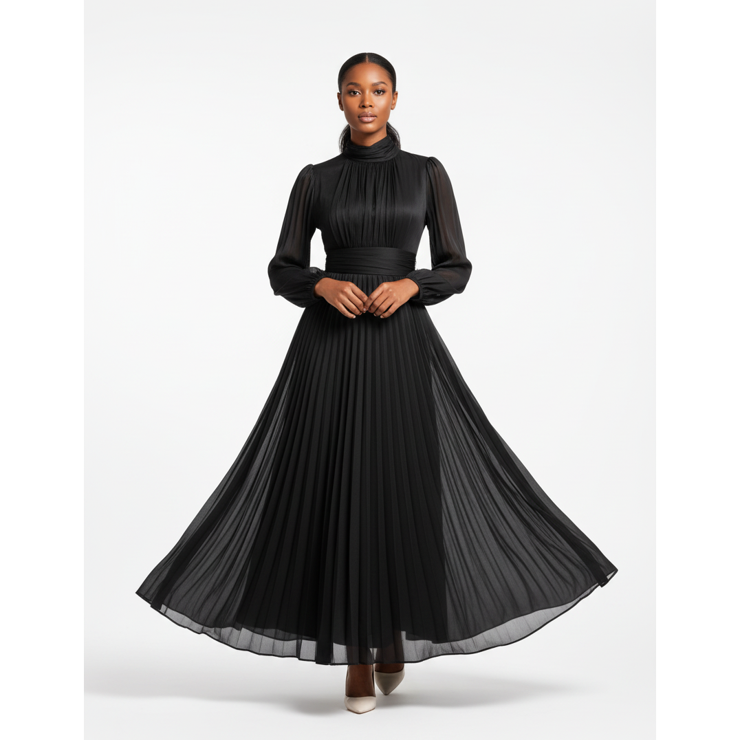 Ladies Elegant Pleated Waist Long Dress