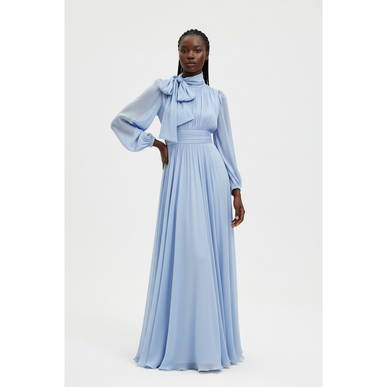 Ladies Elegant Pleated Waist Long Dress