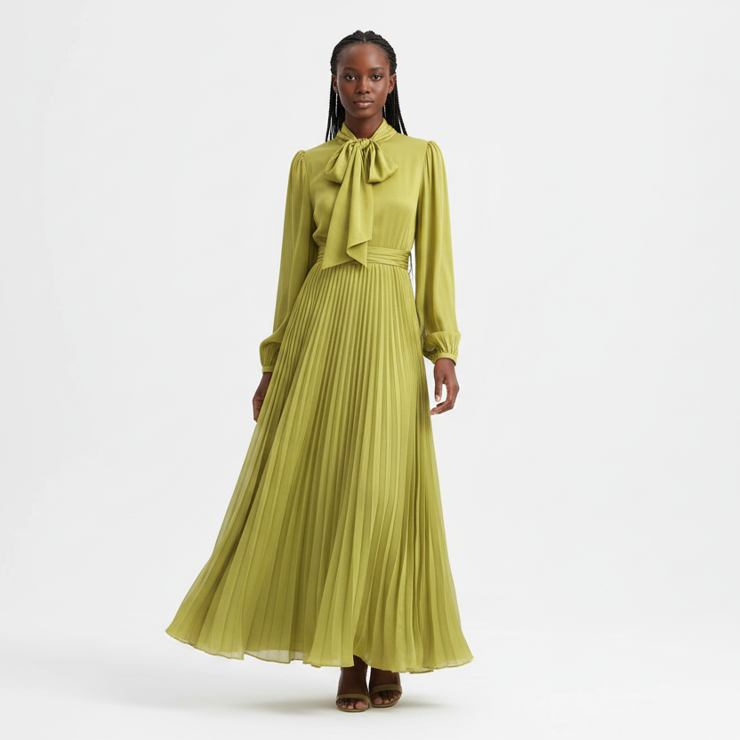 Ladies Elegant Pleated Waist Long Dress