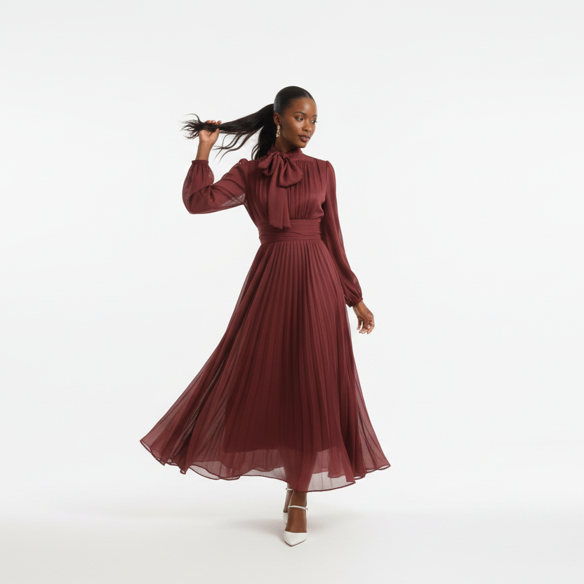 Ladies Elegant Pleated Waist Long Dress