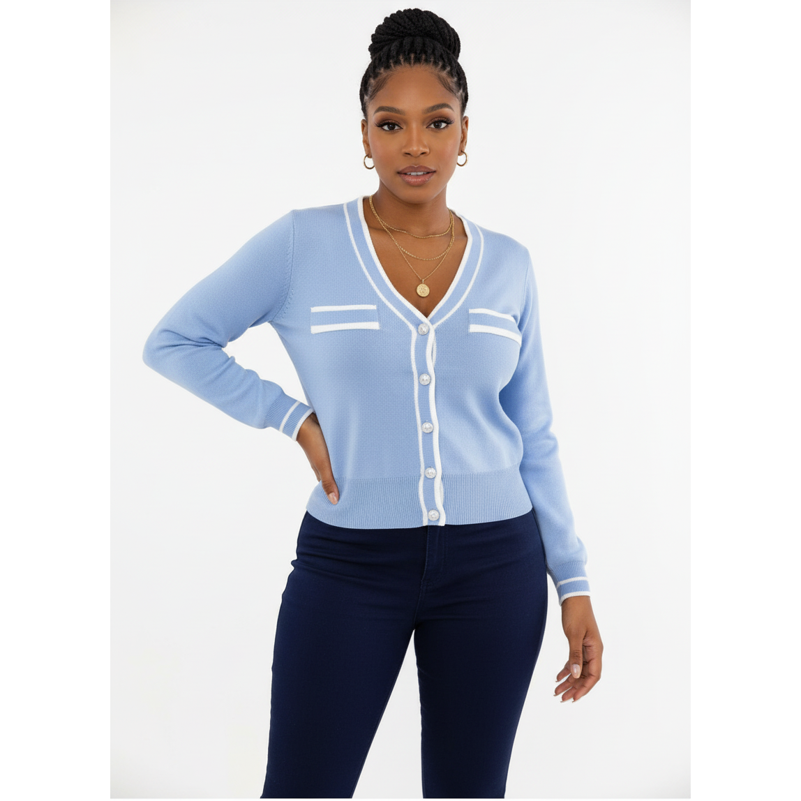 Ladies Smart Contrast Trim Cardigan