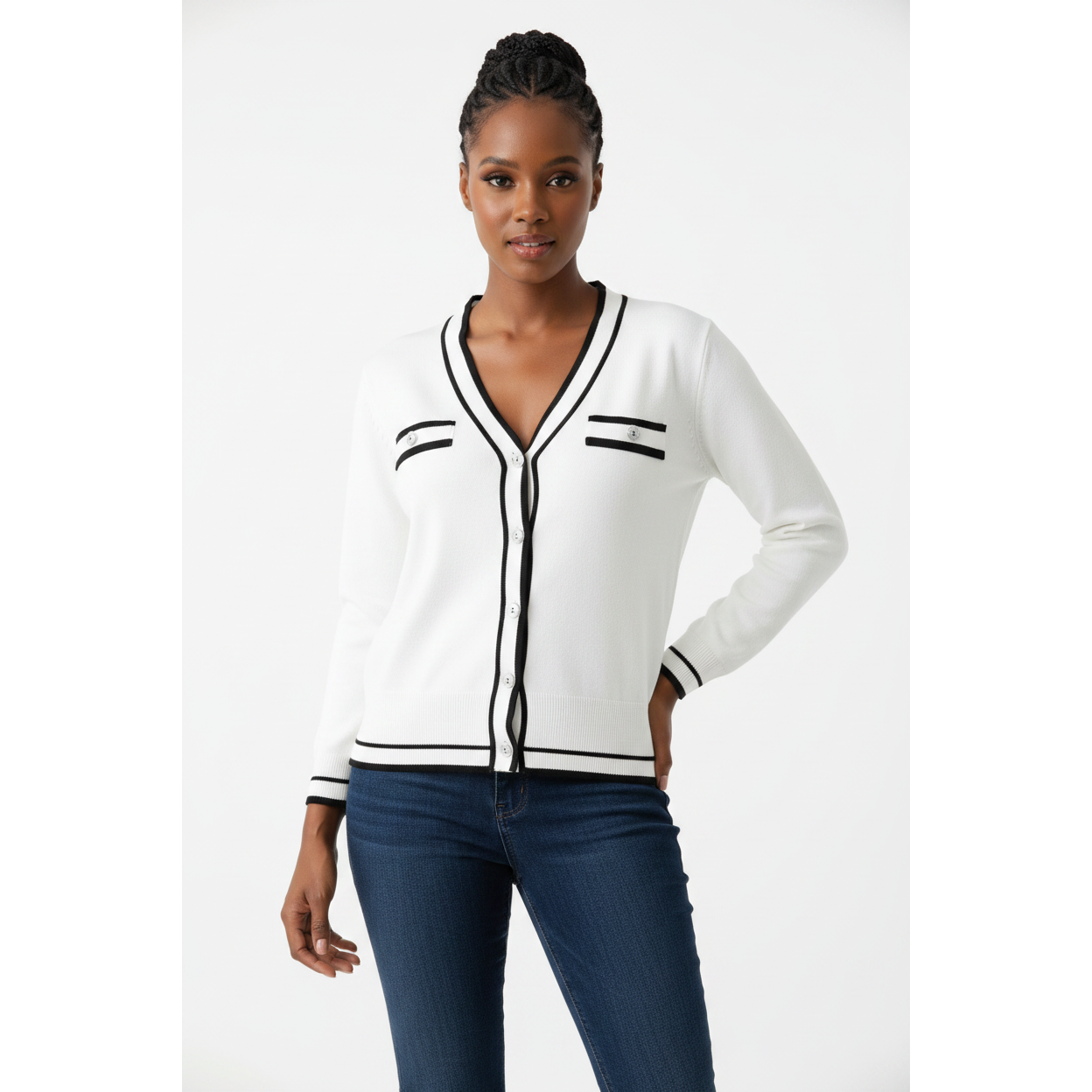 Ladies Smart Contrast Trim Cardigan