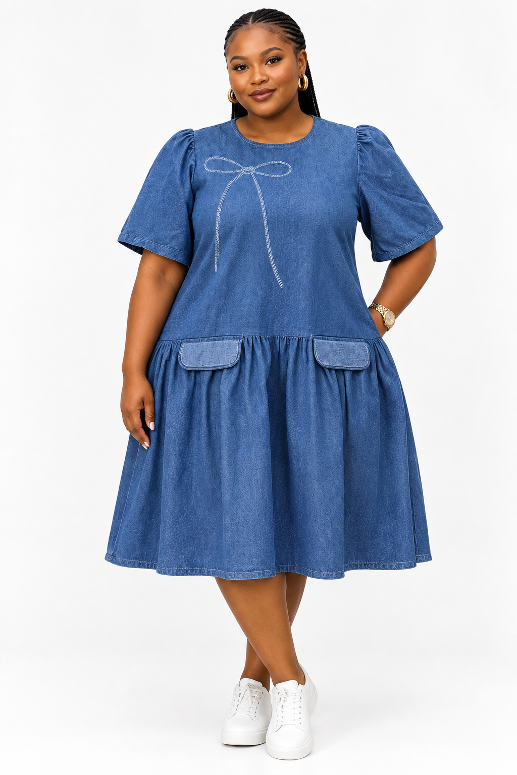 Plus Size Denim Midi Dress – Light & Dark Denim Casual Dress