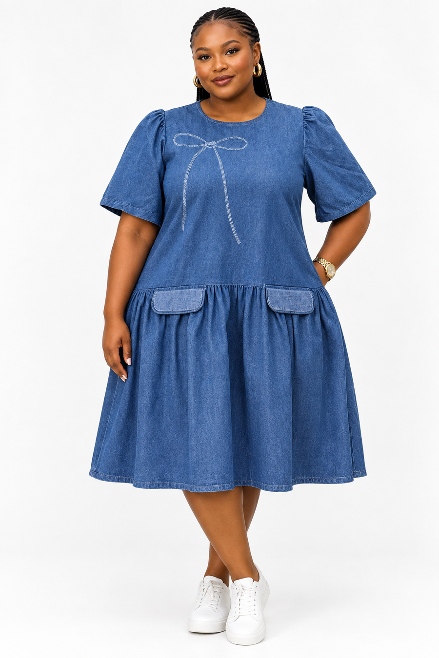 Plus Size Denim Midi Dress – Light & Dark Denim Casual Dress