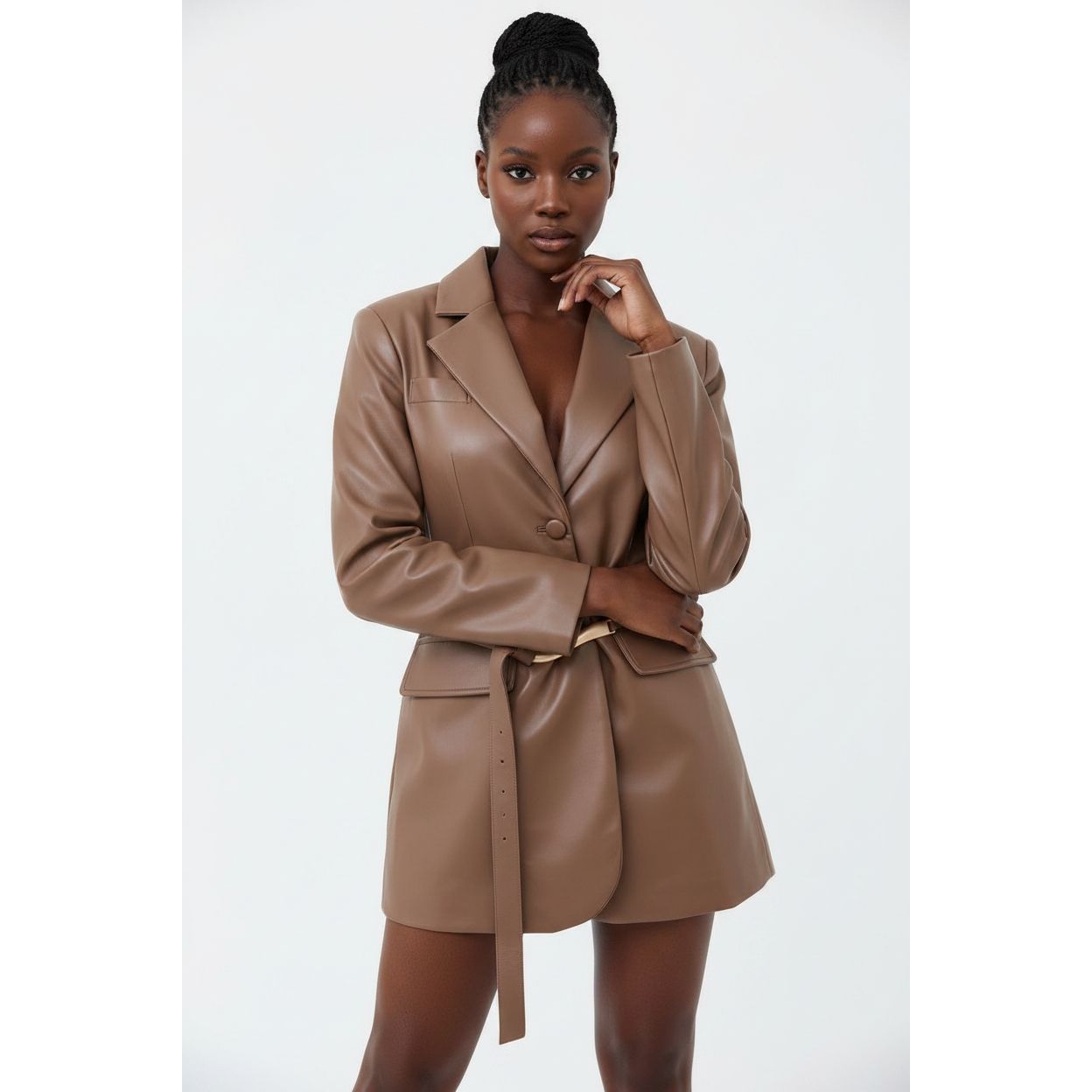 Classic Belted Faux Leather Blazer