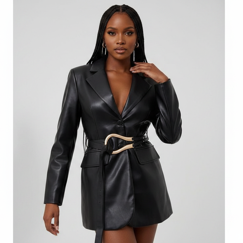 Classic Belted Faux Leather Blazer