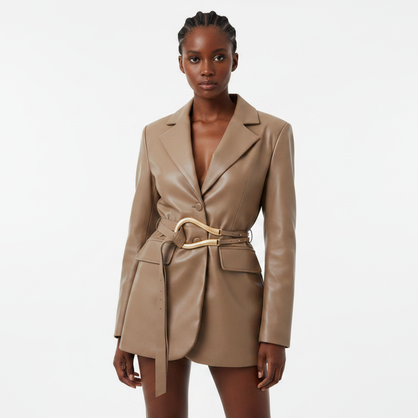 Classic Belted Faux Leather Blazer