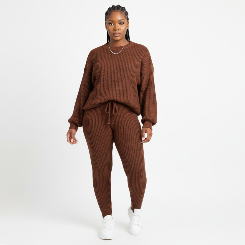 Womens Chunky Ribbed Knit Two-Piece Lounge Set