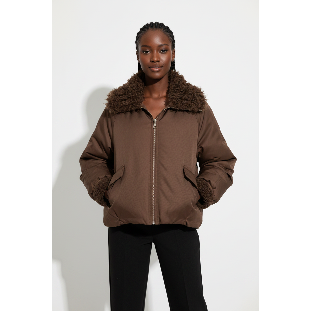 Ladies Fur Collar Bomber Jacket
