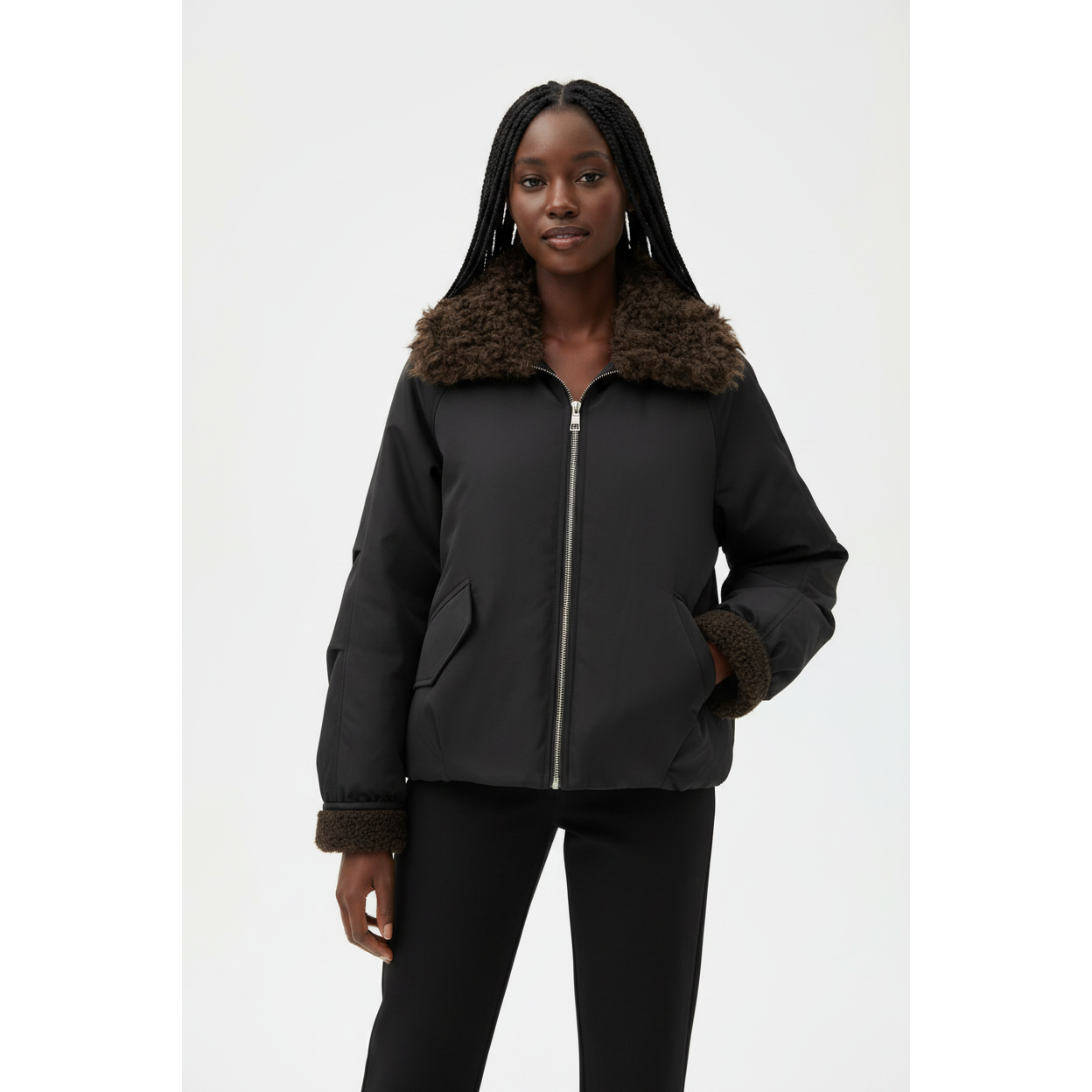 Ladies Fur Collar Bomber Jacket