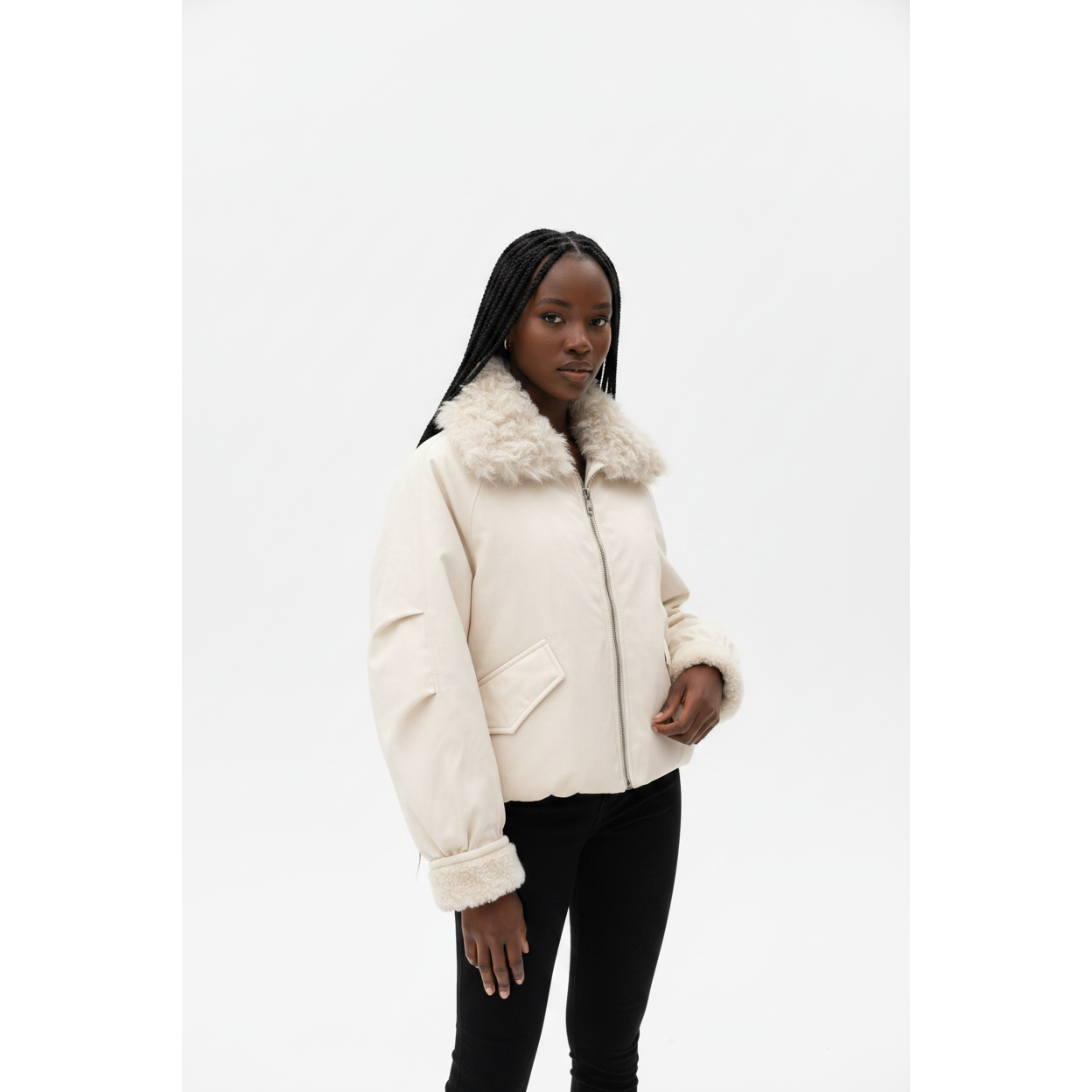 Ladies Fur Collar Bomber Jacket
