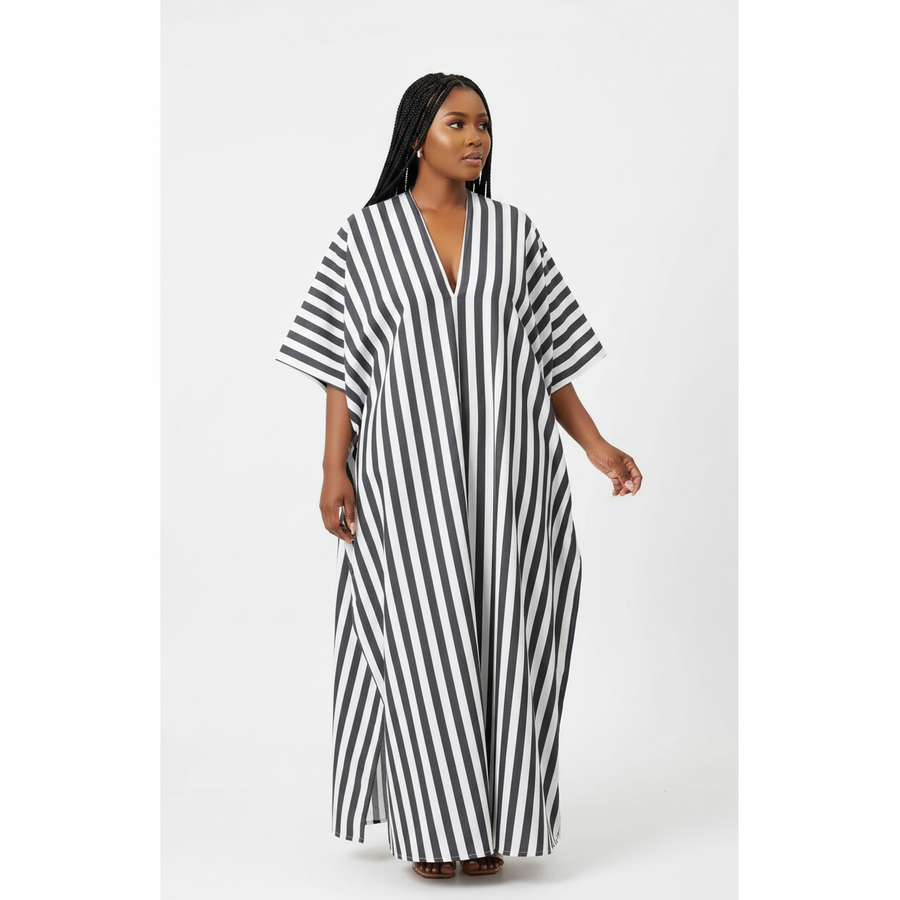 One Size V-Neck Striped  Maxi Dress