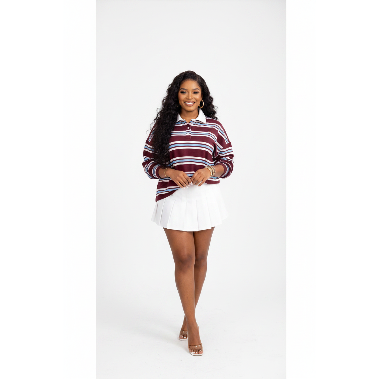 Striped Long Sleeve Oversized Polo Top