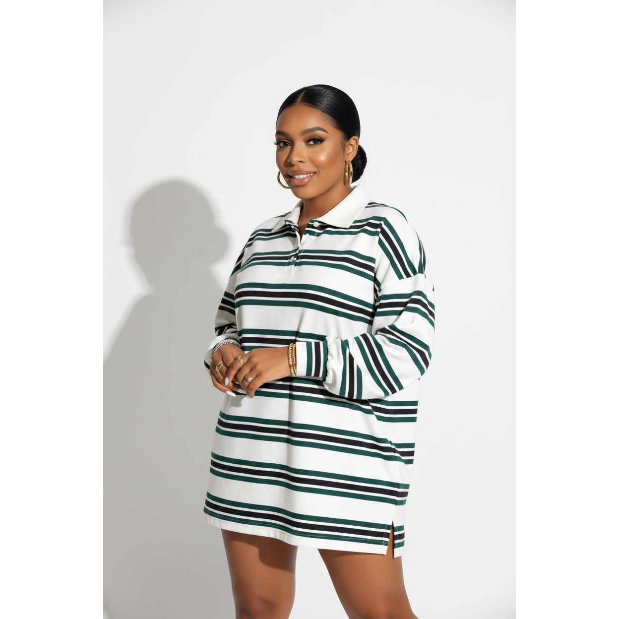 Striped Long Sleeve Oversized Polo Top