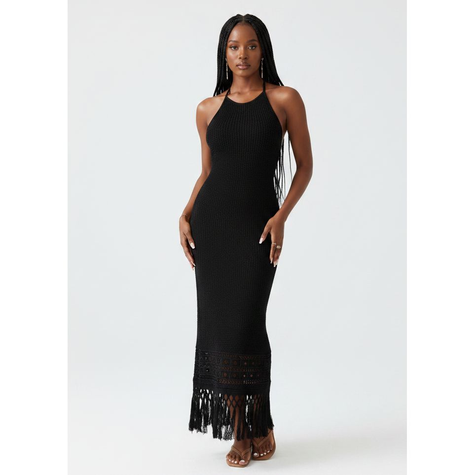Crochet Halter Fringe Maxi Dress