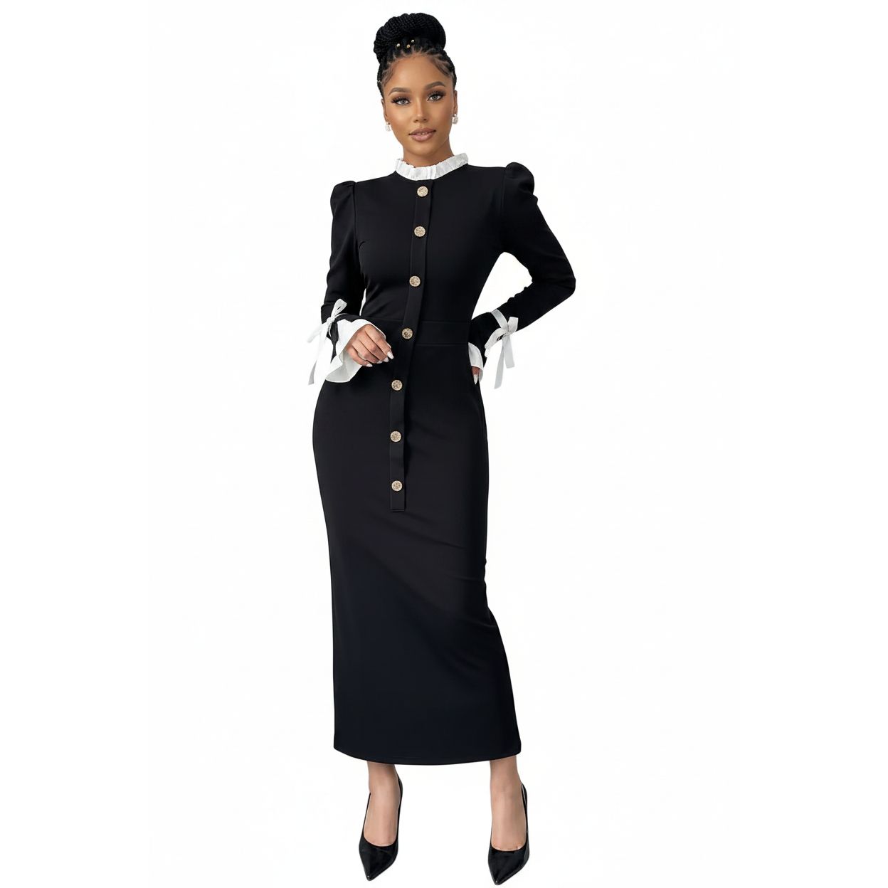 Elegant Button Detail Bodycon Midi Dress