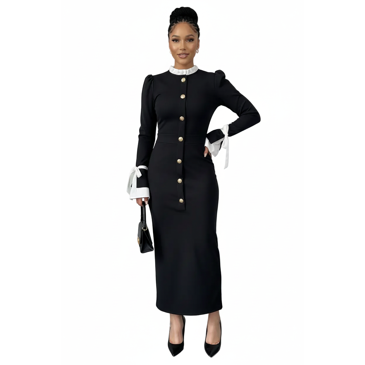 Elegant Button Detail Bodycon Midi Dress
