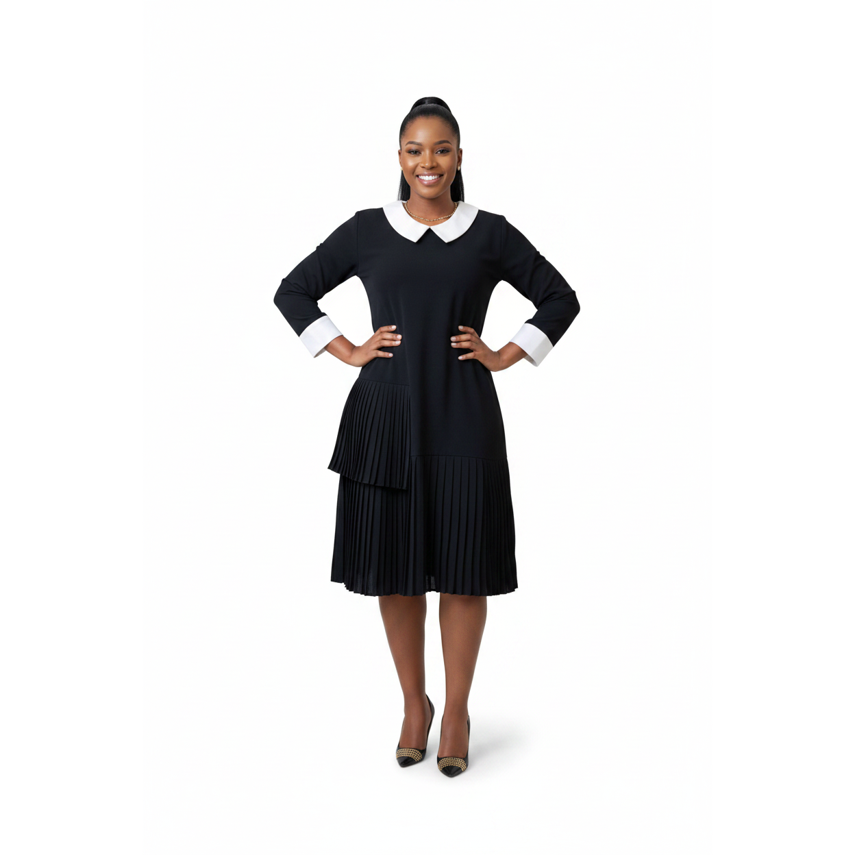 Black Pleated Hem White Collar Long Sleeve Dress