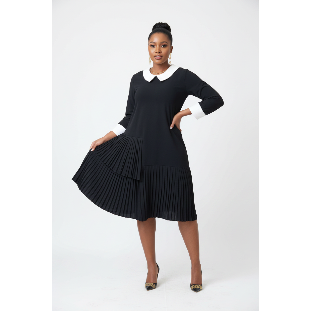 Black Pleated Hem White Collar Long Sleeve Dress