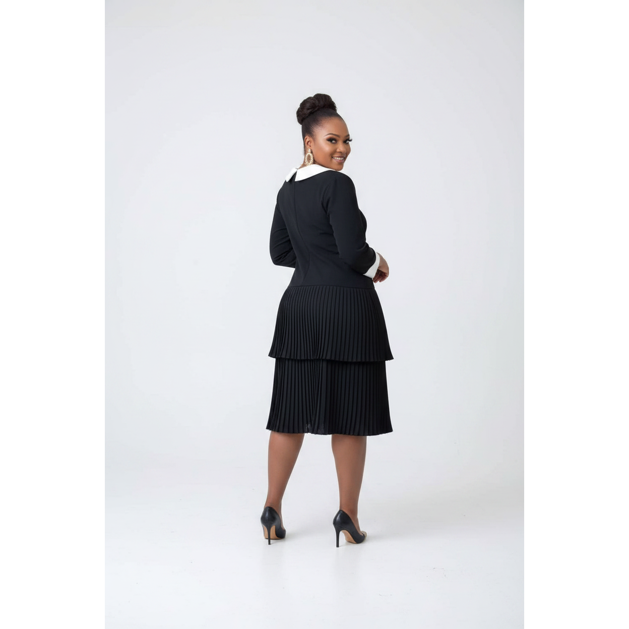 Black Pleated Hem White Collar Long Sleeve Dress