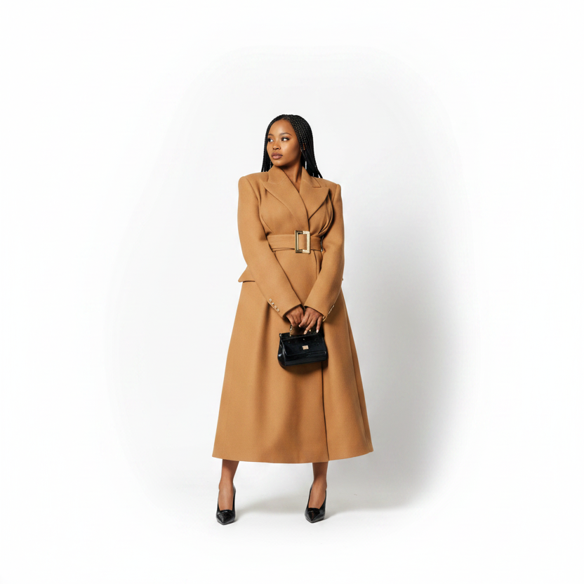 Elegant Buckle Waist Winter Long Belted Coat