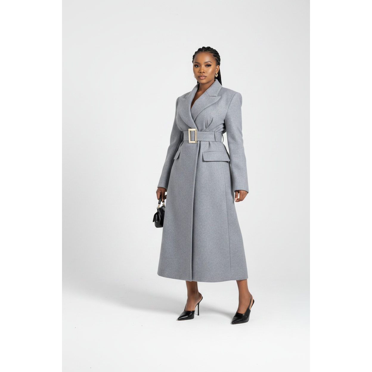 Elegant Buckle Waist Winter Long Belted Coat