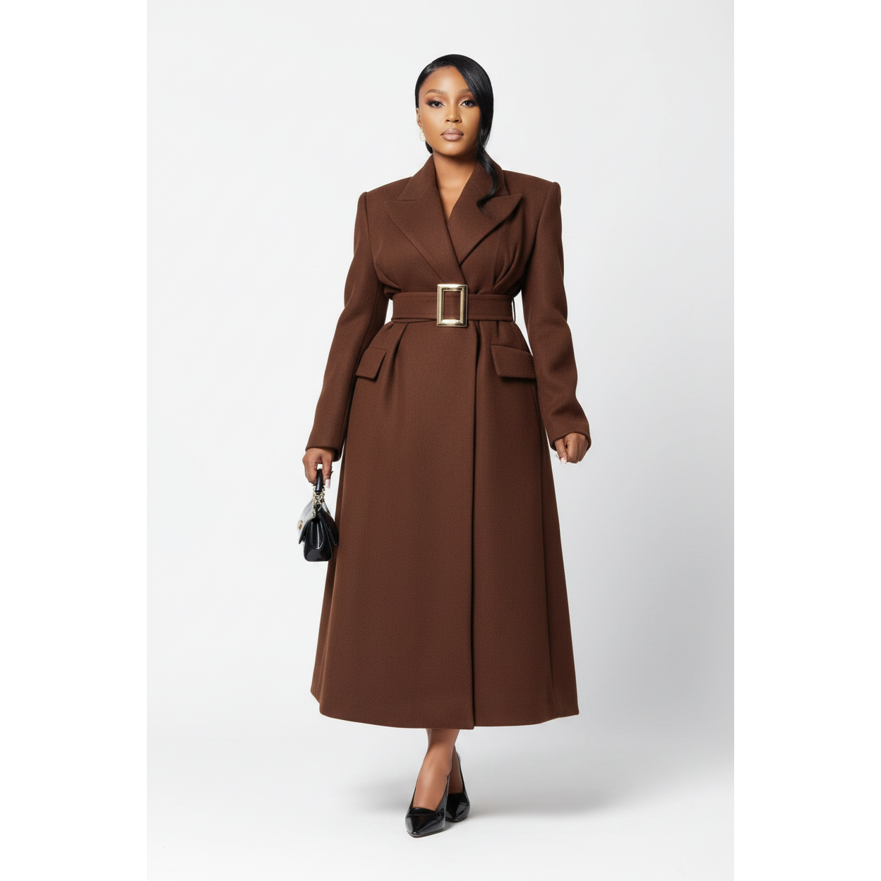 Elegant Buckle Waist Winter Long Belted Coat