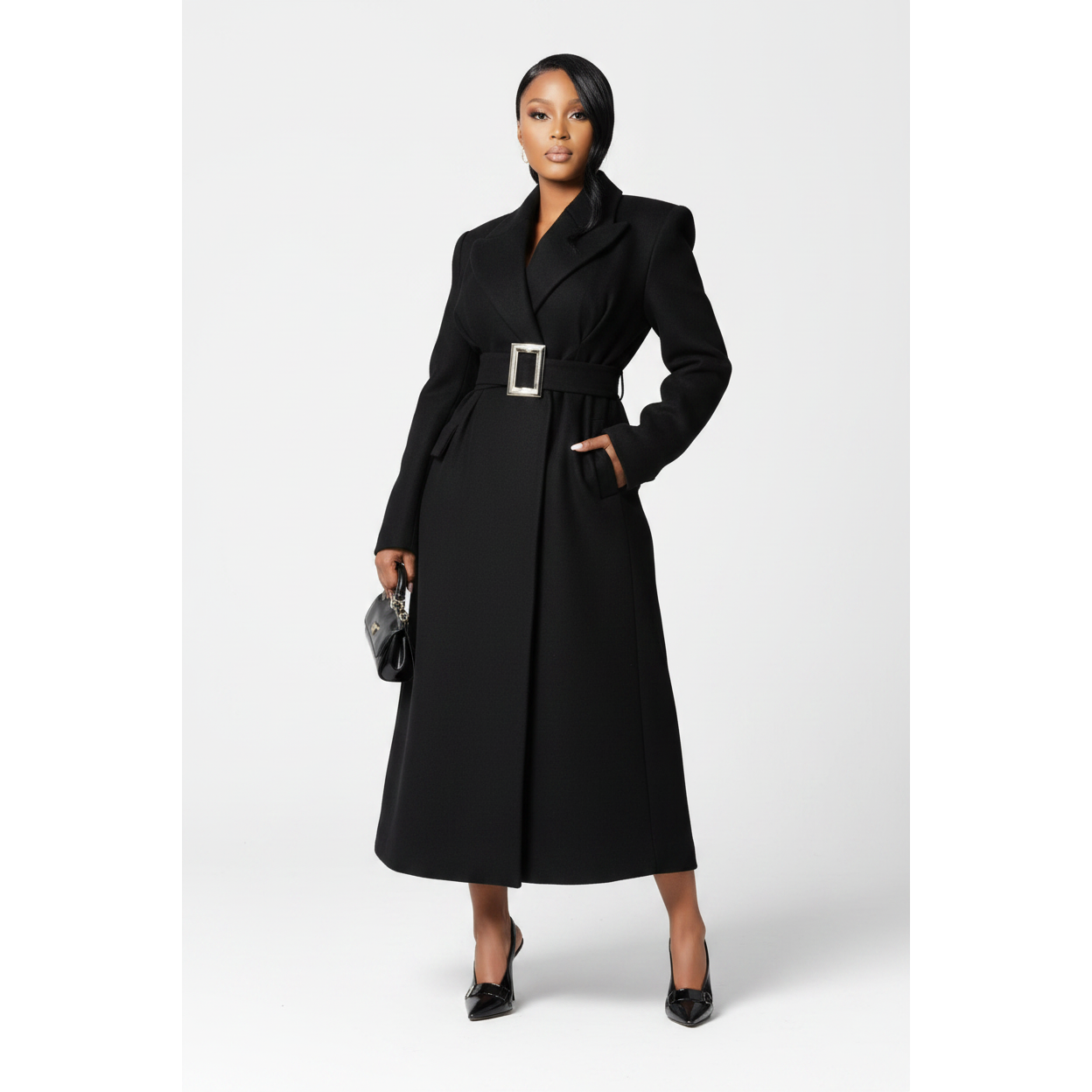 Elegant Buckle Waist Winter Long Belted Coat