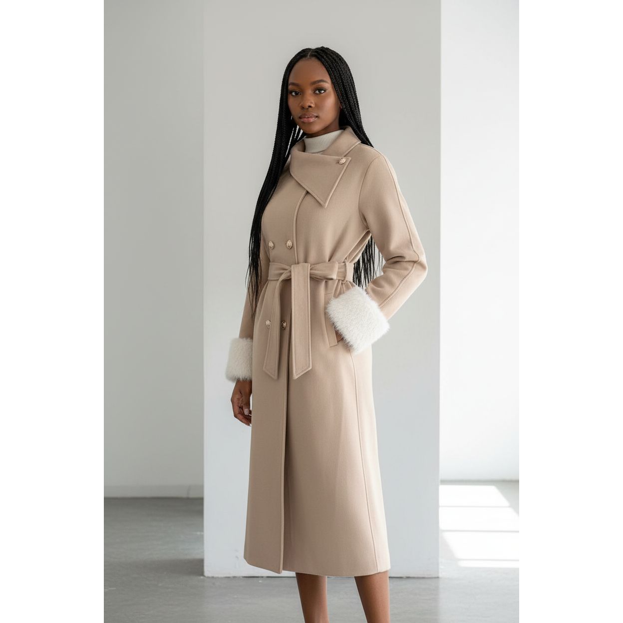 Double Breasted Winter Long Belted Trench Coat