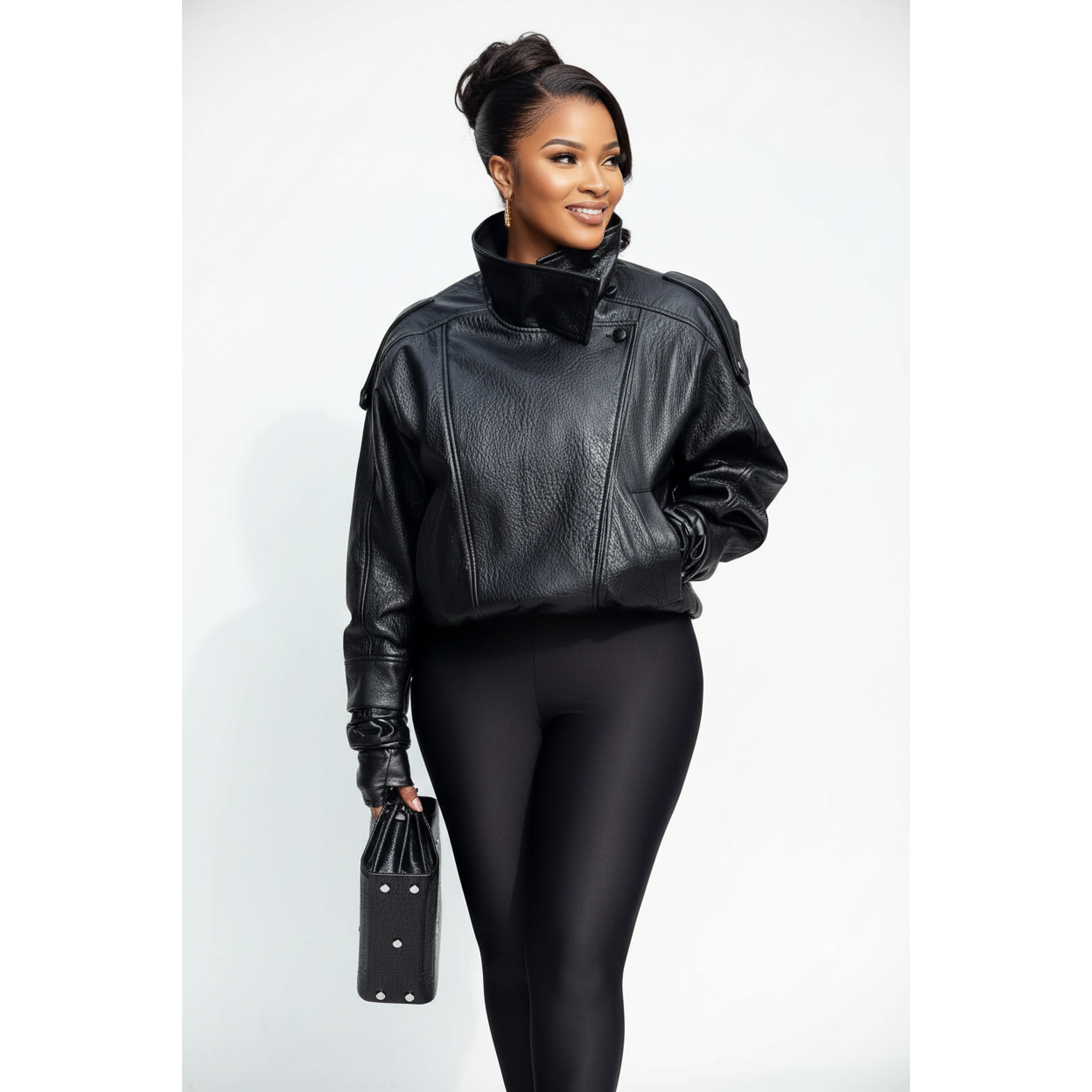 Faux Leather Oversized High Neck Biker Jacket