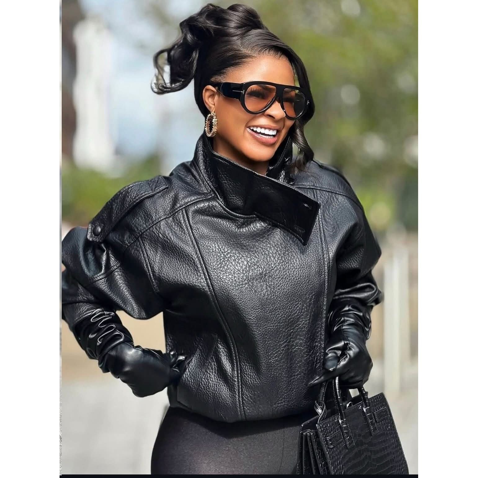 Faux Leather Oversized High Neck Biker Jacket