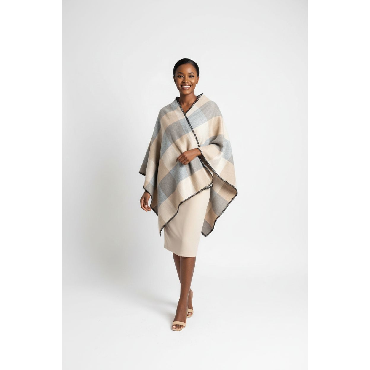 Plaid Blanket Open-Front Check Pattern Shawl