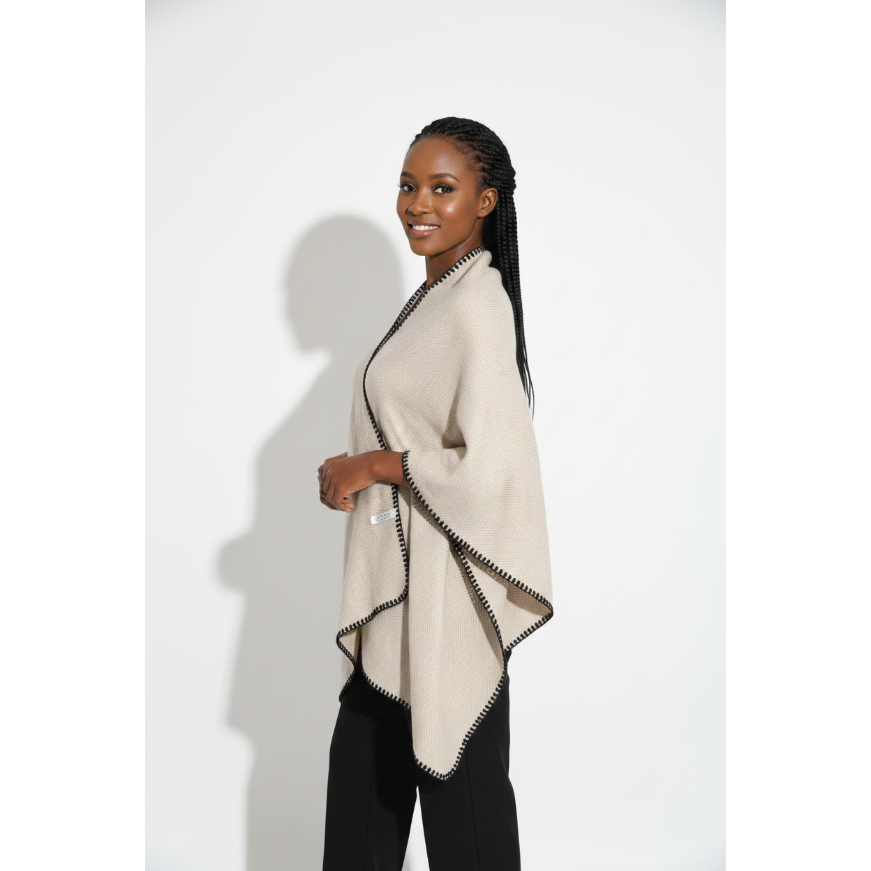 Plaid Blanket Open-Front Poncho Shaw
