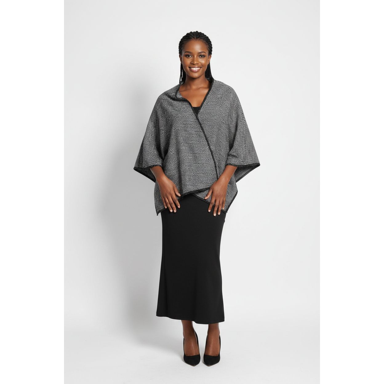 Plaid Blanket Open-Front Poncho Shaw