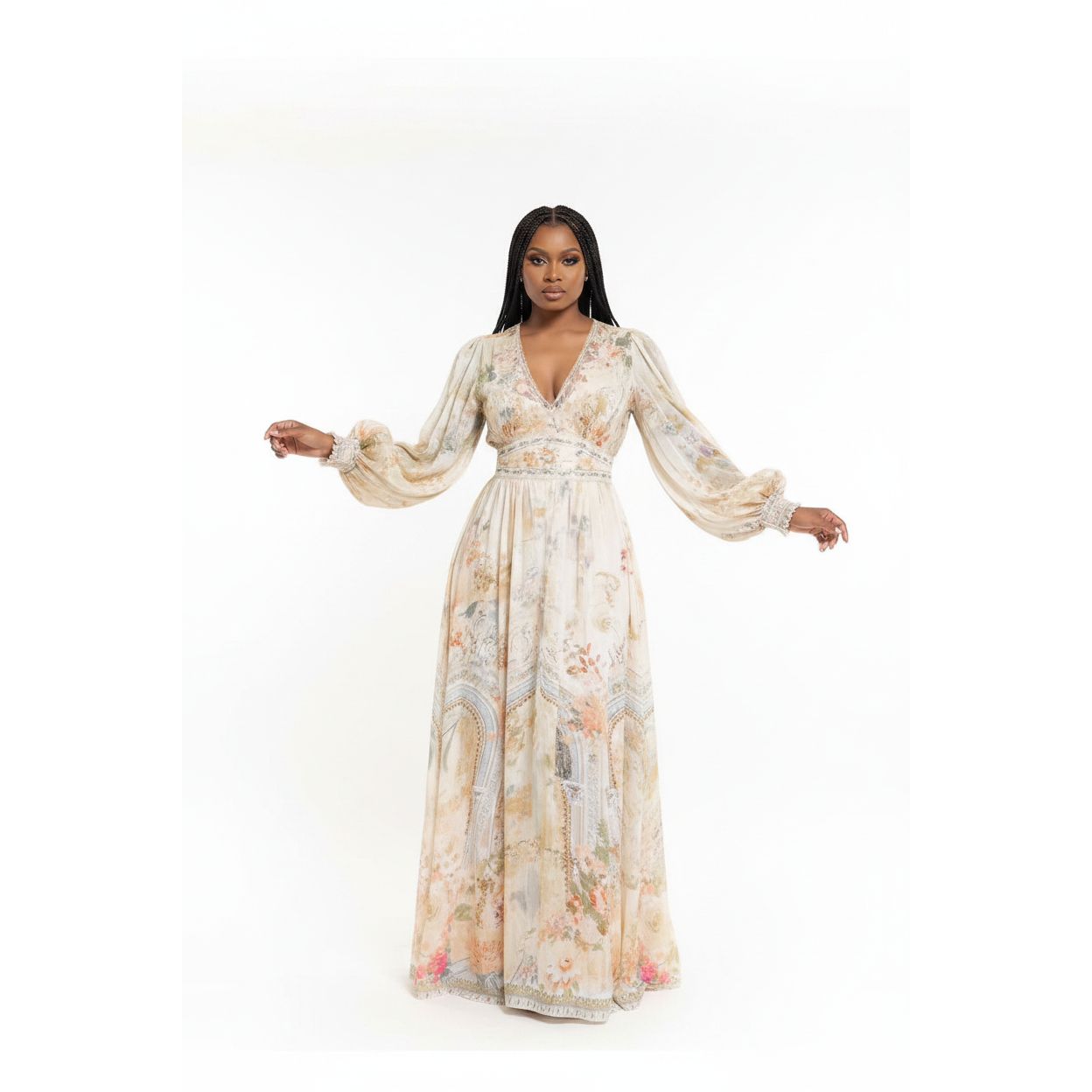 Plus Size Floral Flare Long Sleeves Maxi Dress