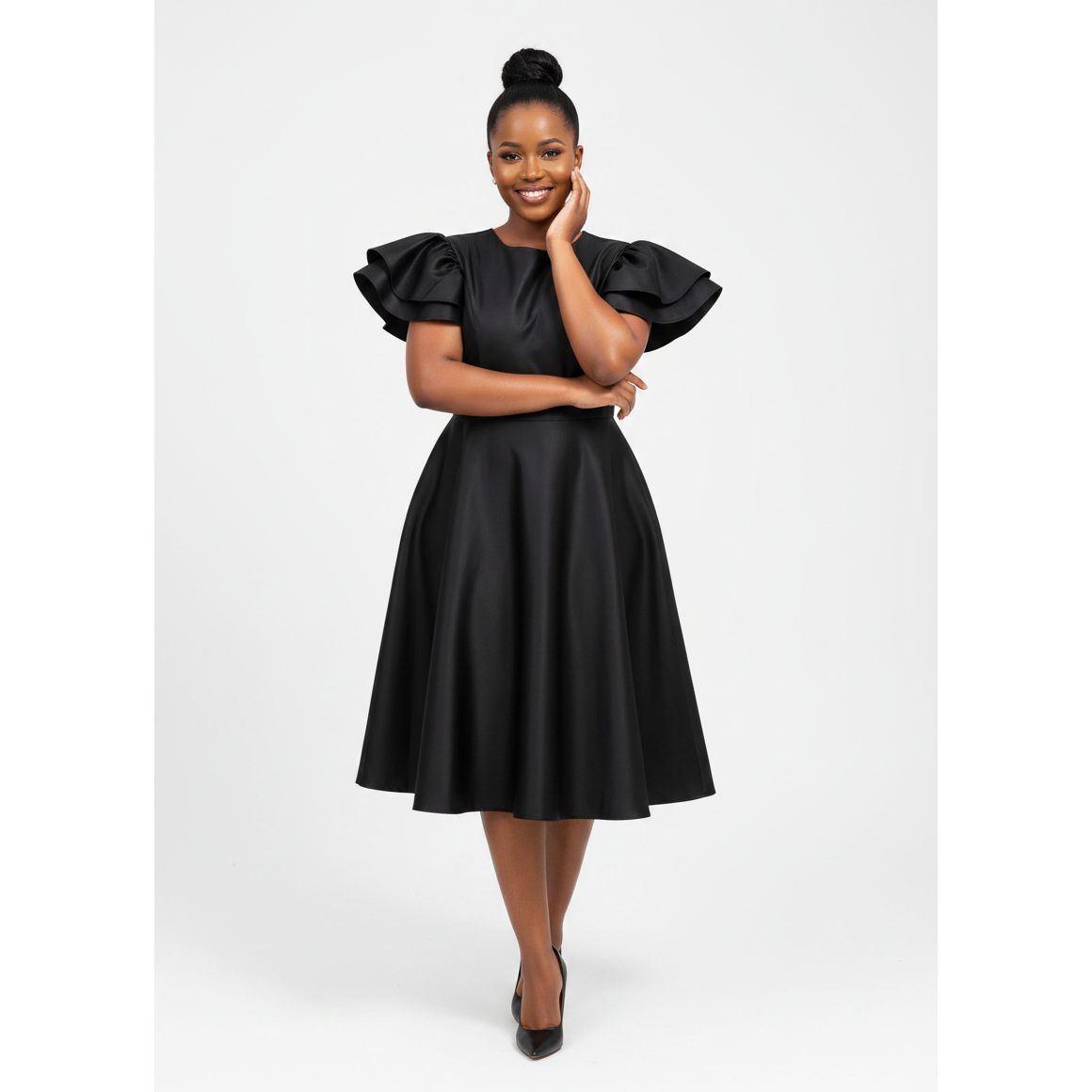Black A-line Ruffle Sleeve Cuff Midi Dress