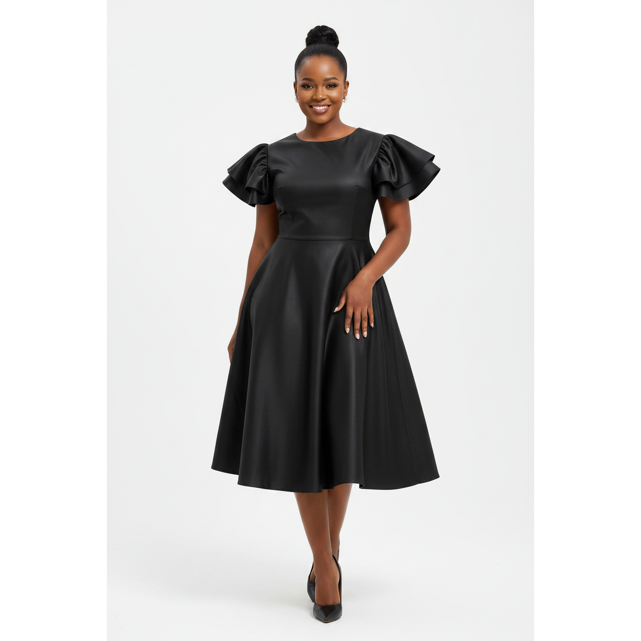 Black A-line Ruffle Sleeve Cuff Midi Dress