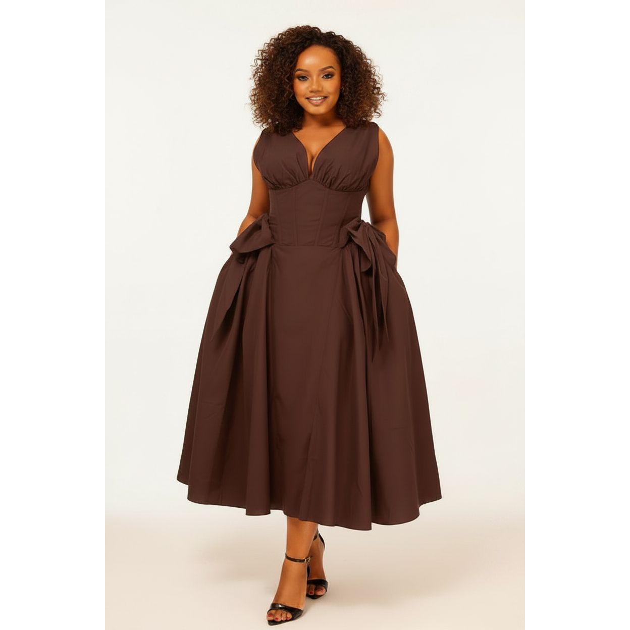 V-neck Skater Dress featuring Side Corset Details and Bows