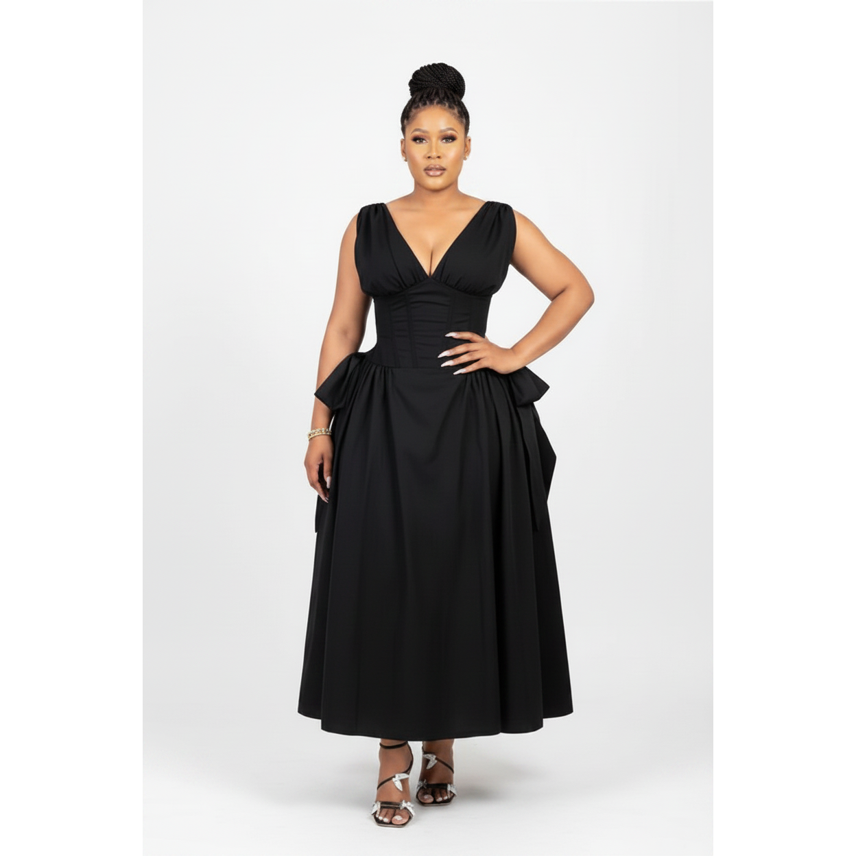 V-neck Skater Dress featuring Side Corset Details and Bows