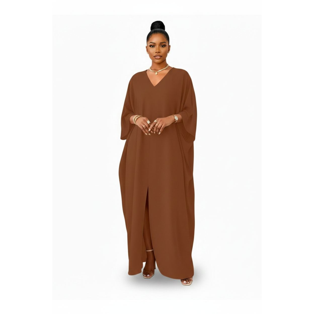 V-neck Batwing Sleeve Slit Kaftan Dress