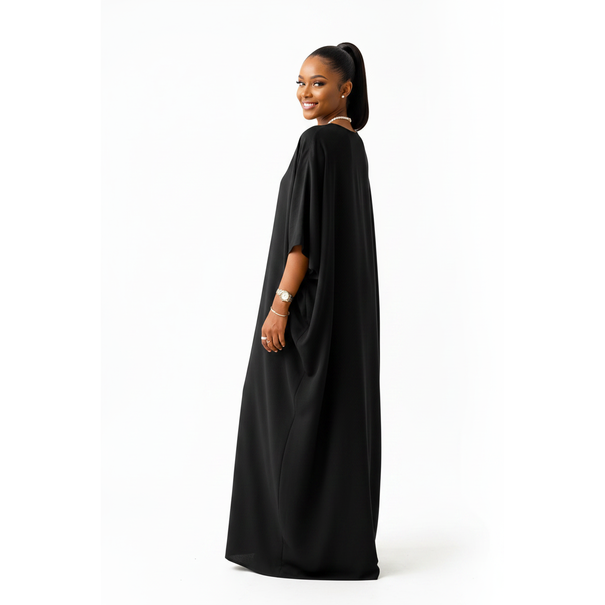 V-neck Batwing Sleeve Slit Kaftan Dress