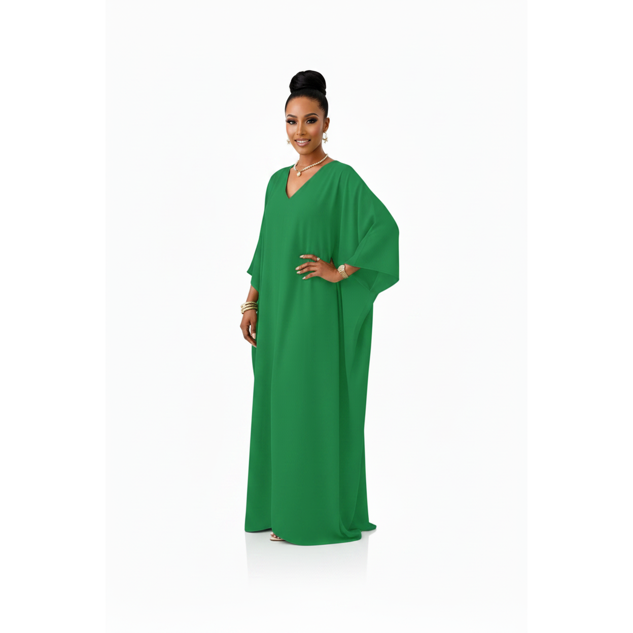 V-neck Batwing Sleeve Slit Kaftan Dress